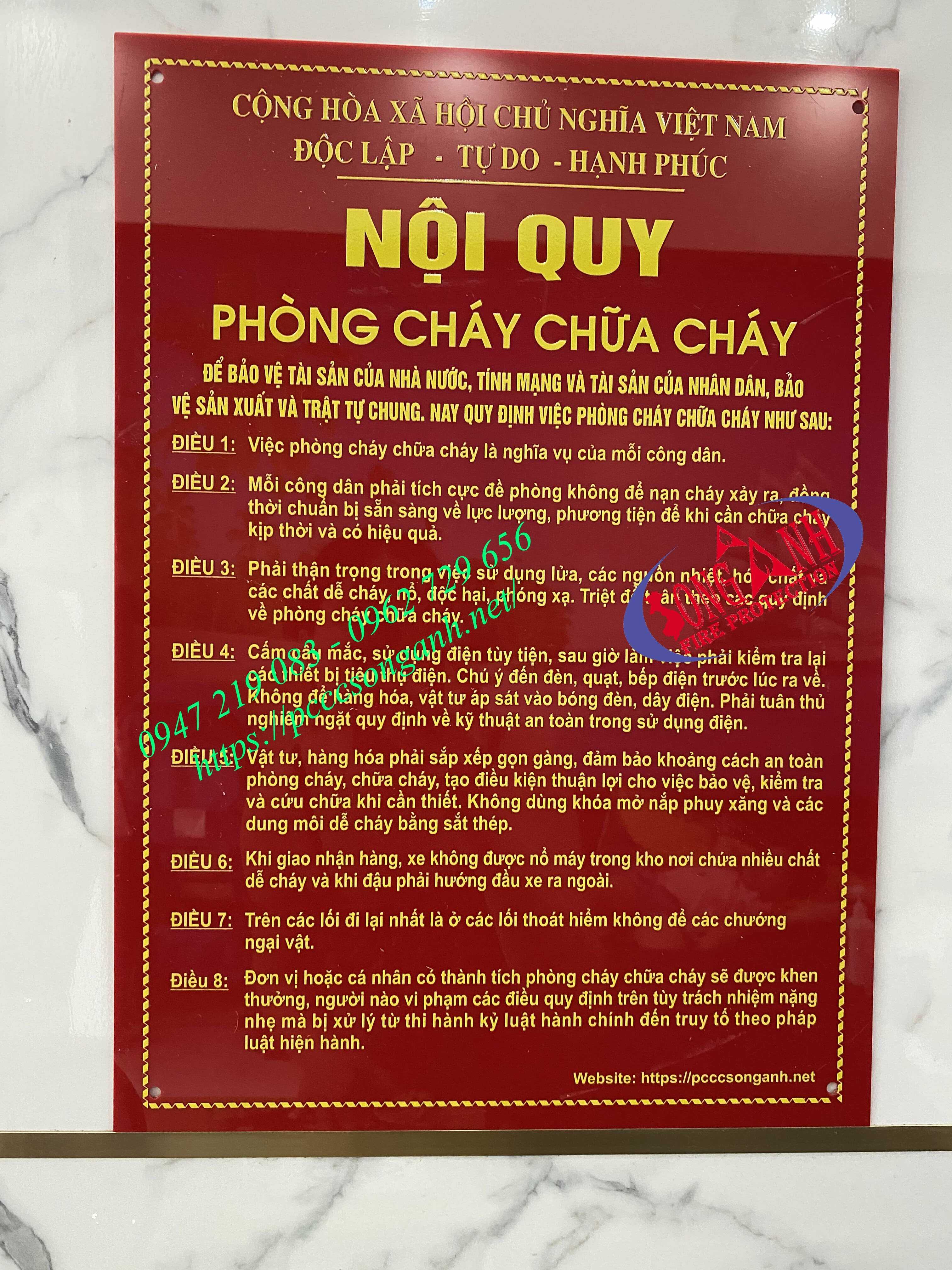 Nội quy pccc chất liệu Mica